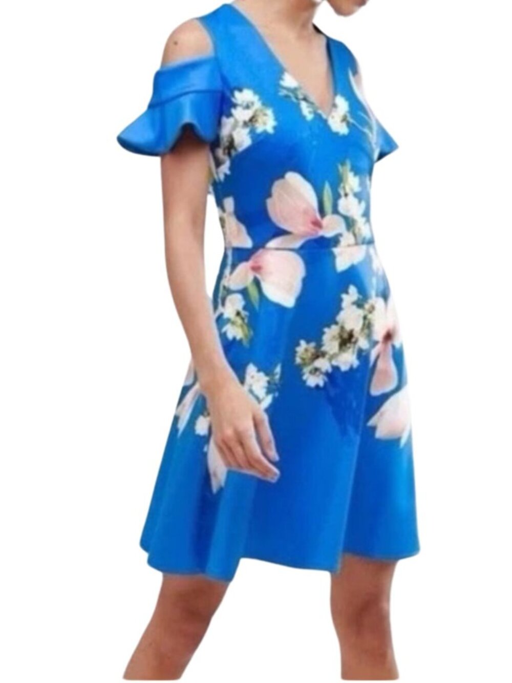 Ted Baker LONDON Amber Harmony Cold Shoulder Blue Floral Dress Sz 3 US 6 - 8